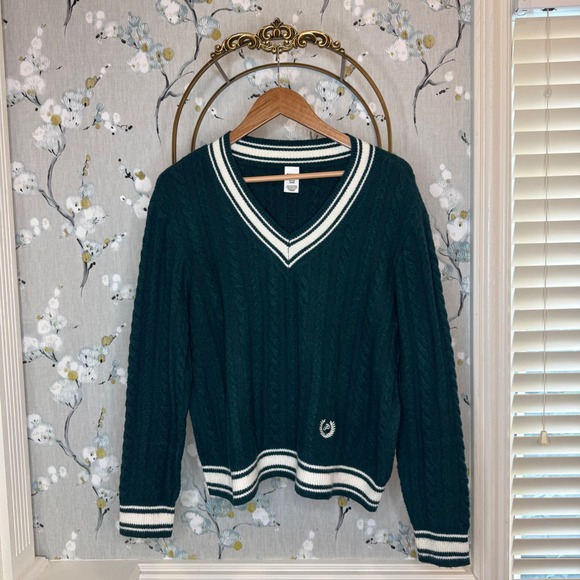 PINK Victoria's Secret Sweaters - PINK Victoria's Secret Cable Knit Varsity Sweater Green White V-Neck Preppy S